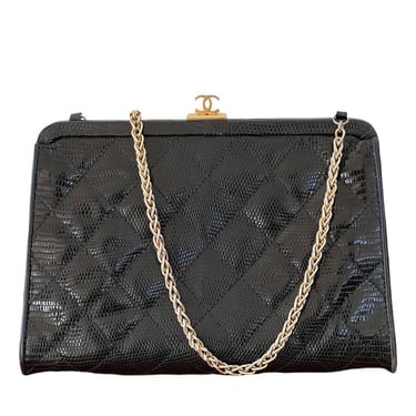 Authentic Vintage CHANEL CC Frame Black Quilted Karung Lizard LeatherEvening Bag Handbag Shoulder Mini Purse 