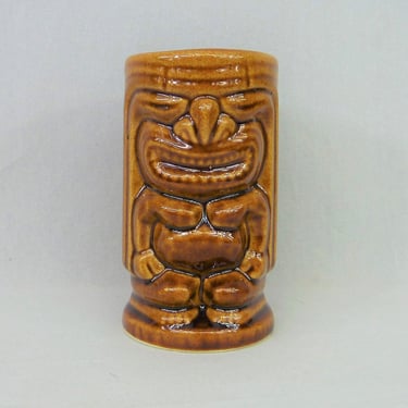Vintage Small Tiki Vase - Brown Glazed Ceramic Mug Glass - Polynesian Hawaiian 