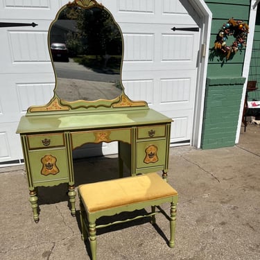 2pc Antique Vanity Desk and Bench Seat Mirror Makeup Table Country French Provincial Storage Country French Bedroom Set CUSTOM PAINT AVAIL 