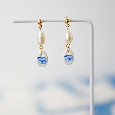 Lovers Eye Earrings, Hand Painted Porcelain Ceramics, Asymmetrical Earrings, Handmade Charms, Elegant Gift, Freshwater Pearl, Made to Order 