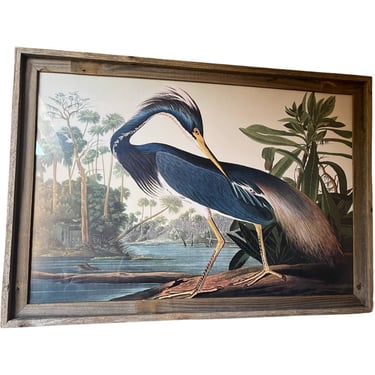 Vintage postmodern framed wall art  crane bird painting print 