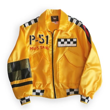 vintage bomber jacket / Flying Tigers / 1980s Flying Tigers P 51 Mustang yellow satin bomber jacket Large 