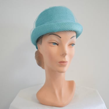 1960s Turquoise Straw Bowler Hat with Netting 