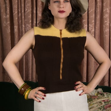 1930s Vest - Fantastic Vintage 30s Colorblock Brown and Yellow Wool Sleeveless Vest with Early Plastic Amber Tone Zipper 