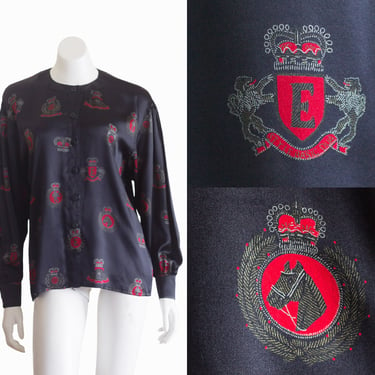 Vintage Escada Silk Blouse with Coat of Arms Print 