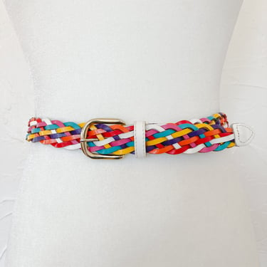 80s Rainbow and White Leather Braided Woven Belt Gold Buckle | Small 