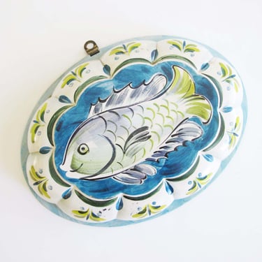 Vintage Blue Fish Tin Art - Shabby Chic French Kitchen Farmhouse Decor - Decorative Painted Fish Tin 