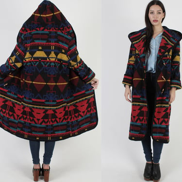 80s Hooded Southwestern Blanket Jacket, Oversized Native American Duster Coat 