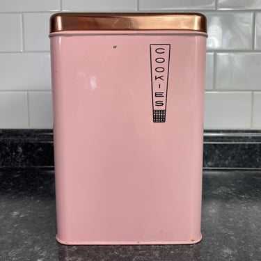 Vintage 1950's Lincoln Beautyware Mid Century Pink and Copper Color Cookie Canister, Vintage Retro MCM Cookie Canister, Barbie Pink Canister 