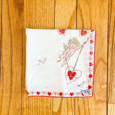 50s Burmel Valentine's Hearts Cupid Red White Pink Metallic Gold Handkerchief 