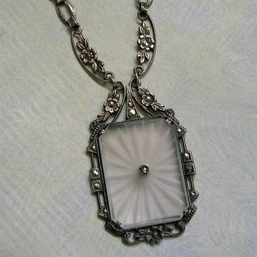 Antique 1930's Art Deco Sterling Marcasite Necklace, Camphor Glass Necklace, Sterling Camphor Glass Pendant Necklace (#4247) 