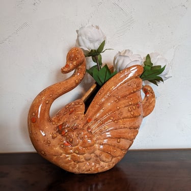 Vintage Orange Ceramic Art Deco Style Swan Planter 