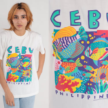 Cebu Philippines Shirt 00s Tropical Fish Shirt Island Coral Graphic Tee Filipino Tshirt Retro Tourist Travel Asia Vintage 2000s White Small 