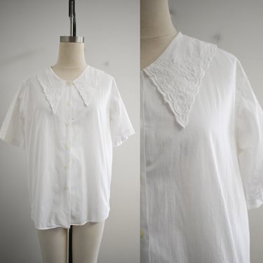 1980s White Blouse with Embroidered Collar 