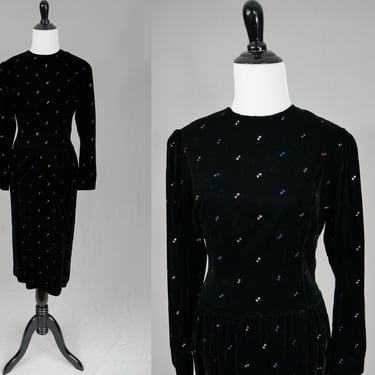 80s Oscar de la Renta Dress - Black Velvet Party Dress - Colorful Rhinestones - Vintage 1980s - M 
