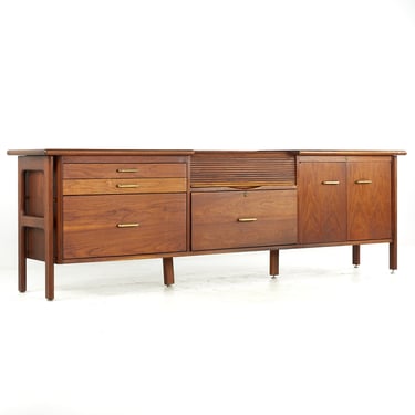 Standard Furniture Mid Century Walnut and Brass Tambour Door Credenza - mcm 