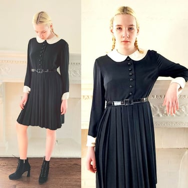 60s Black Mod Dress with White Collar and Cuffs & Pleated Skirt Wednesday Adams Style - S 
