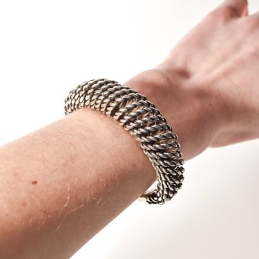 Modernist Sterling Silver Woven Cuff Bracelet, Flexible Puffed Chain Link Cuff, 5