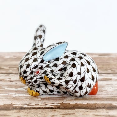 Small Herend porcelain bunny figurine, Made in Hungary, black fishnet red-eyed rabbit, Hand painted fine china whimsical Easter bunny 