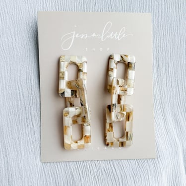 Rectangle Links | in sandstone check, Handmade Dangle Earrings, Checkerboard Resin and Polymer Clay Earrings, Hypoallergenic Post 