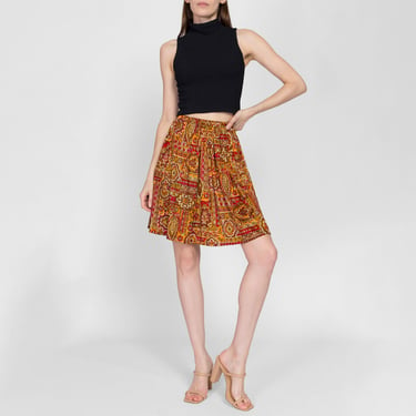 Sm-Lrg 70 Red & Gold Baroque Print Mini Skirt | Vintage High Elastic Waist Retro Boho Satin Miniskirt 