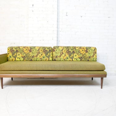 Vintage MCM low green upholstery sofa / daybed with 2 flowery cushions by Silray Furniture | Free delivery in NYC and Hudson Valley areas 