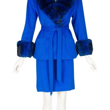 Maximilian Meerstein 1990s Vintage Blue Cashmere Chinchilla Fur Skirt Suit Sz S M 