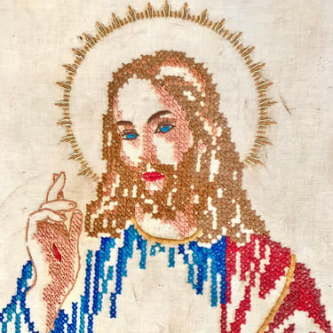 Vintage 1940s Hand Stitched, Embroidery, Christian Home Decor, Resurrected Jesus, Rustic Wall Hanging, Vintage 