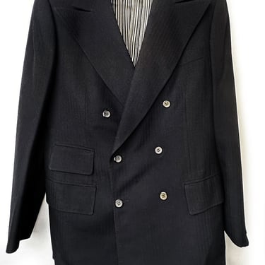 1930's Men's Suit Jacket Double Breasted Black Wool, Wide Gangster Lapels, 1940's Antique 