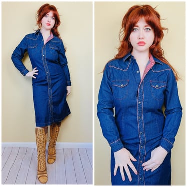 Y2K Vintage Blue Jean Stretch Denim Dress / Gingham Contrast Western Snap Dress / Size Small - Medium 