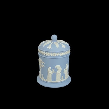 Vintage 1970s Wedgwood Blue & White Jasper Jasperware Urn Canister w Lid Vase 4.5" Tall with Neoclassical Scenes English Porcelain 