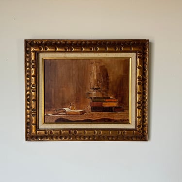 1970's Robert L. Smith Still Life with Books & Korosene Lamp Oil Painting, Framed 