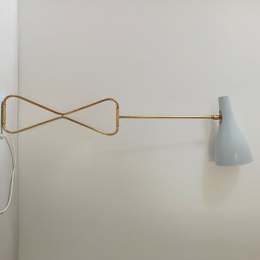 Large Vintage Stilnovo wall lamp in light blue metal and brass by Cosack, Germany 1950 