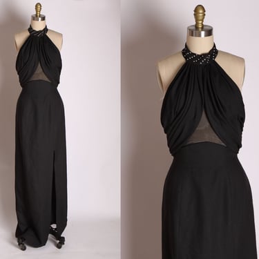1970s Rhinestone Studded Collar Halter Top Black Formal Open Back Sheer Midriff Cocktail Dress by Mike Benet -XS 
