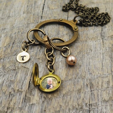 Industrial Charm Necklace, Photo Locket Jewelry, Pearl Charm, Personalized Gift for Her, Initial Necklace, Statement Necklace 