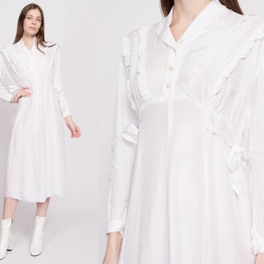 M| 70s White Cinched Waist Prairie Midi Dress - Petite Medium | Vintage Boho Long Sleeve Ruffle Trim Dress 