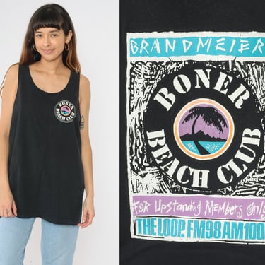 Vintage Boner Beach Club Tank Top 90s Brandmeier’s The Loop FM 98 Radio Shirt Chicago Black Tropical Palm Tree Fruit of the loom XXL 