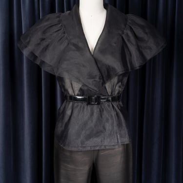 High Drama 1980s Sheer Organza Wrap Top with Ruffle Shoulders by The Gilberts for Tally New York 