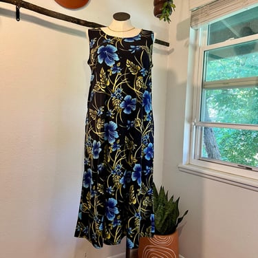 Vintage 90s Blue Tropical Floral Print Sleeveless Maxi Summer Dress Size 3X 