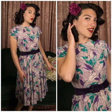 1940s Dress -  Vintage 40s Lilac Purple Floral Butterfly Print Rayon Day Dress 