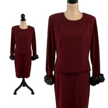 L - 90s Burgundy Midi Dress Large, Long Sleeve Cocktail Dress with Faux Fur Cuffs, 1990s Clothes for Women Vintage POSITIVE ATTITUDE Size 14 