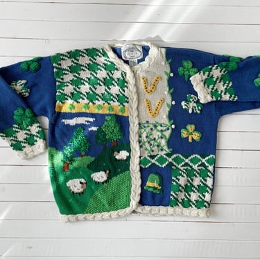 cute embroidered sweater 90s vintage The Eagle's Eye St. Patrick's Day teddy bear sheep clover hand knit cardigan 