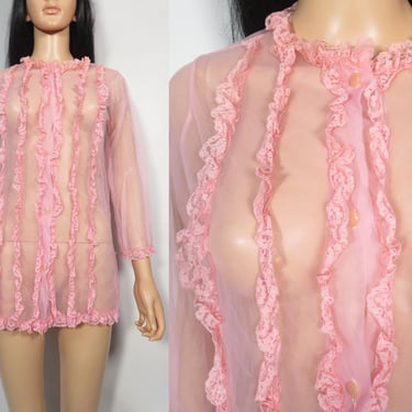 Vintage 60s/70s Pink Lacey Frilly Sheer Nightgown Loungewear Button Up Top Size M 