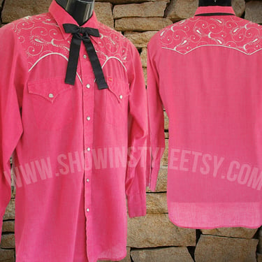 Ely Plains Vintage Western Men's Cowboy, Rodeo Shirt, Pink with Silver Embroidery Designs , Tag Size 15-33, Approx. Small (see meas. photo) 