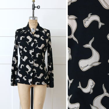 vintage 1970s whale novelty print nylon blouse • long sleeve black & white disco shirt 