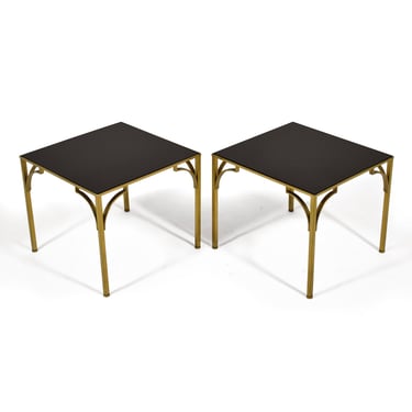 Pair of Brass Side Tables with Black Glass Tops