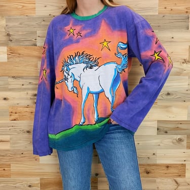 90's Vintage Hand Dyed Long Sleeve Fantasy Unicorn Tee Shirt 