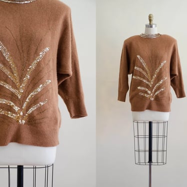 fuzzy brown sweater | angora and wool sweater | gold sequined sweater 