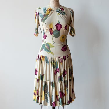 1940s Floral Print Jersey Dress 
