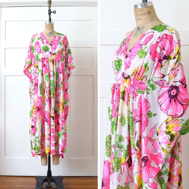 vintage 1970s kaftan dress • bright neon pink & green floral housedress with draped sleeves 